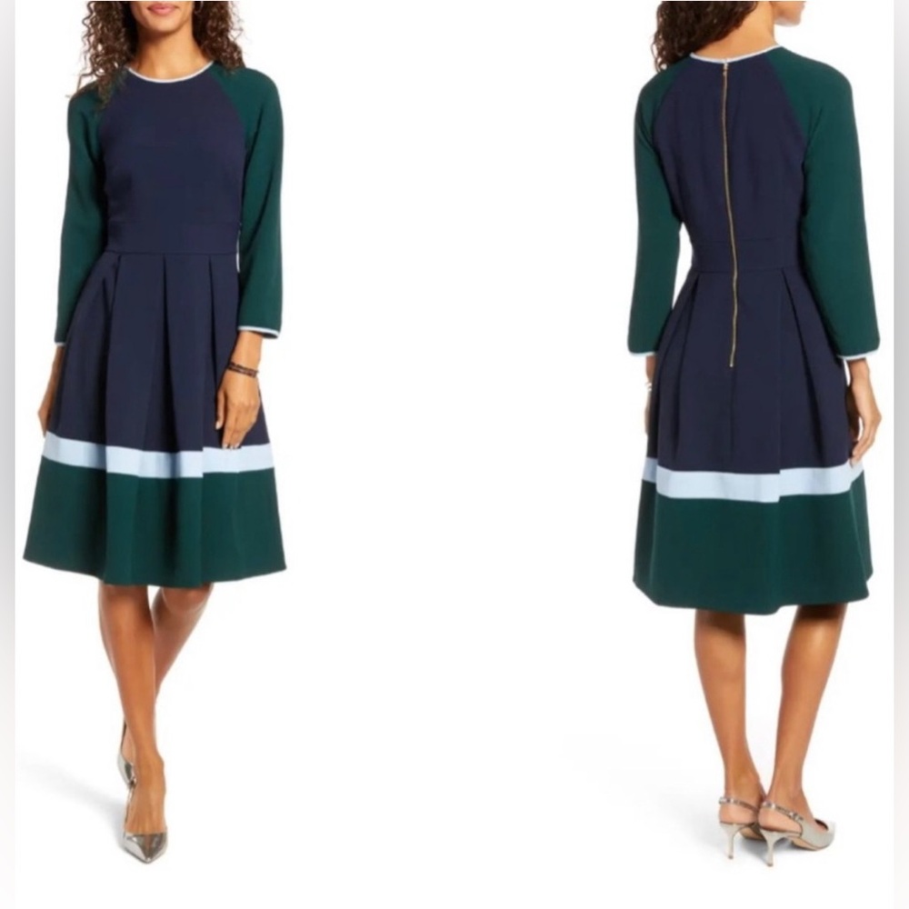 1901 Colorblock Long Sleeve Pleated Midi Dress
